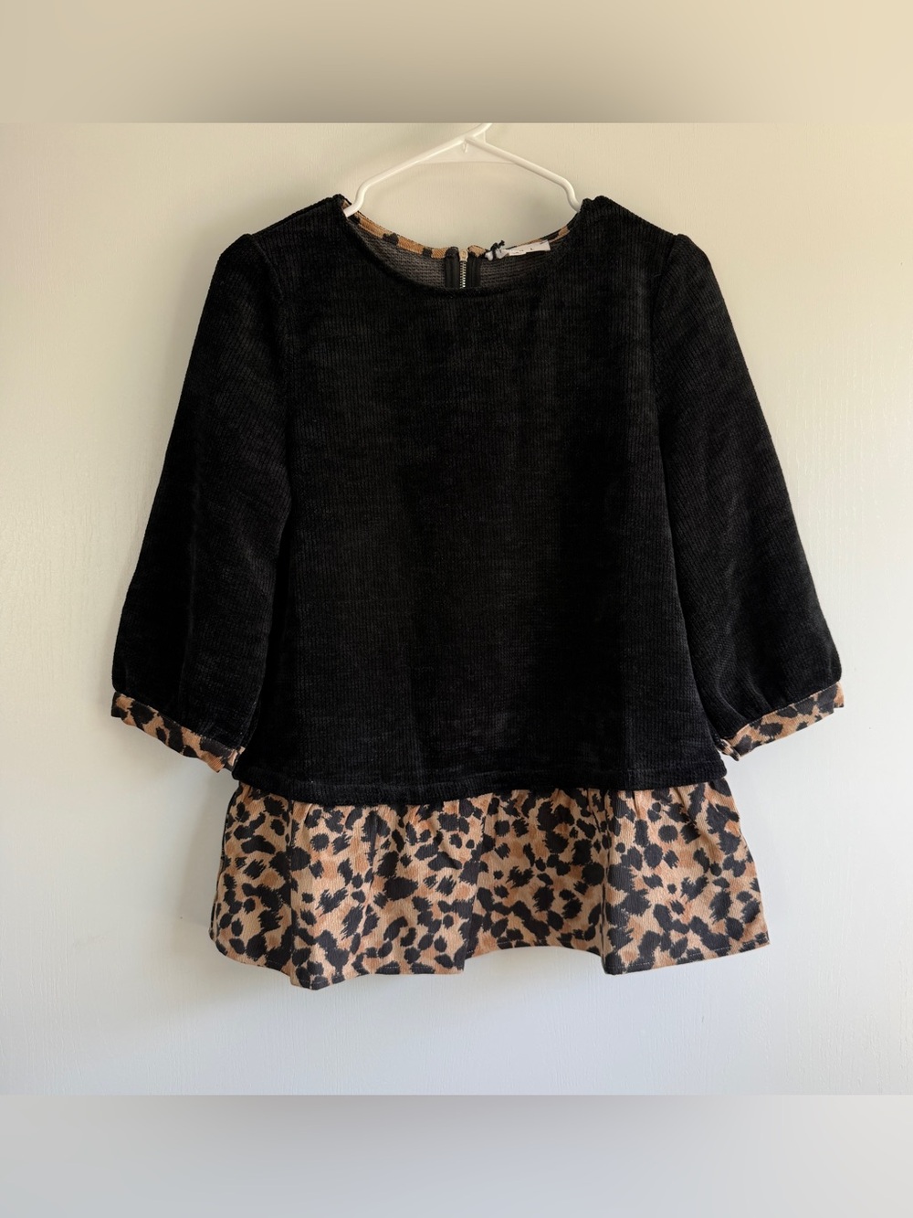 THML Black Chenille Corduroy Knit Top with Leopard Hem and Cuffs Animal Print